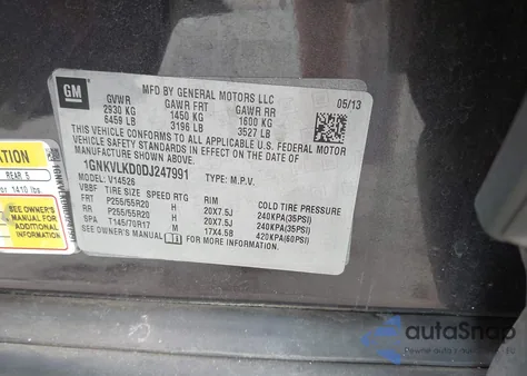 2013 Chevrolet Traverse Ltz z USA, uszkodzony, nr VIN 1GNKVLKD0DJ247991